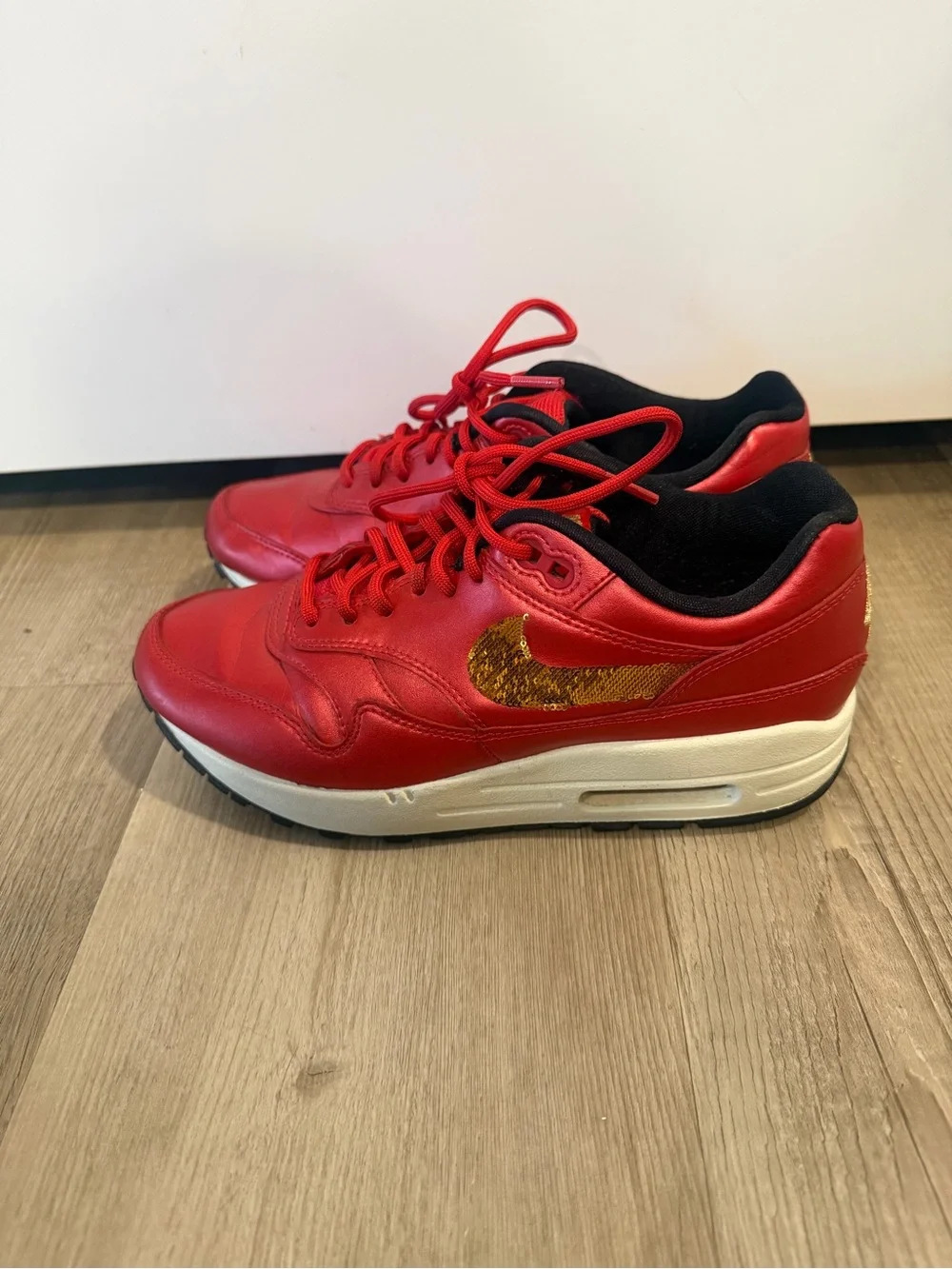 Nike Air Max 1 Gold Sequin Red Sneakers with Gold Swoosh women’s Size 6.5